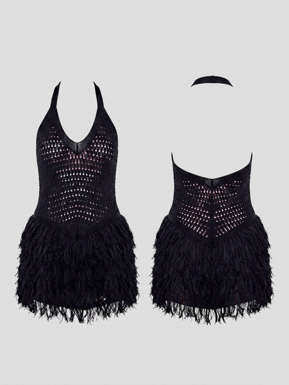 Musera Black Crochet Fringe Halter Mini Dress Boho Cover Up XL - Picture 13 of 14
